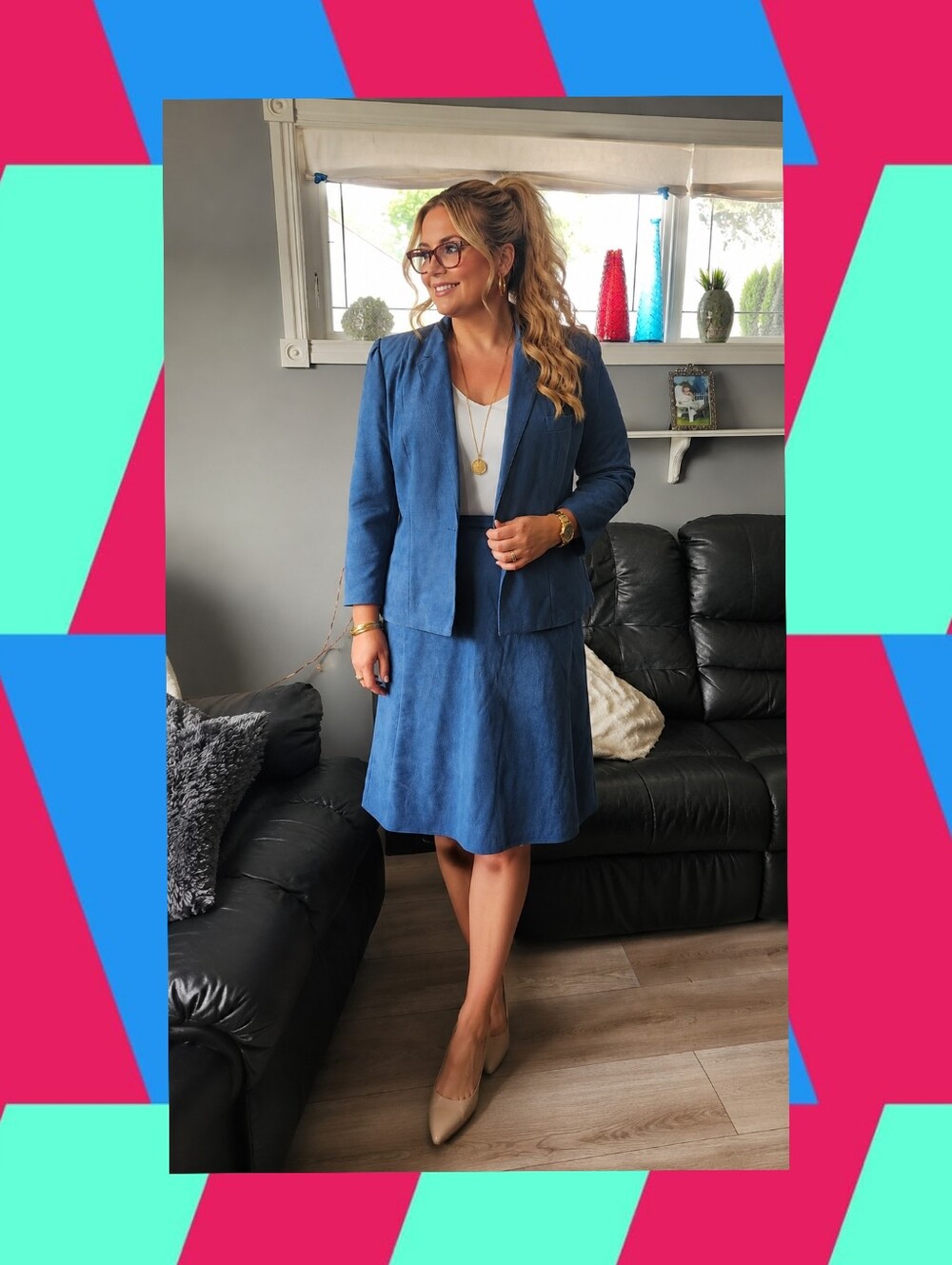 Sterling Stall Canada VINTAG Blue Faux Suede Skirt Suit Set Size L 12/14 Retro